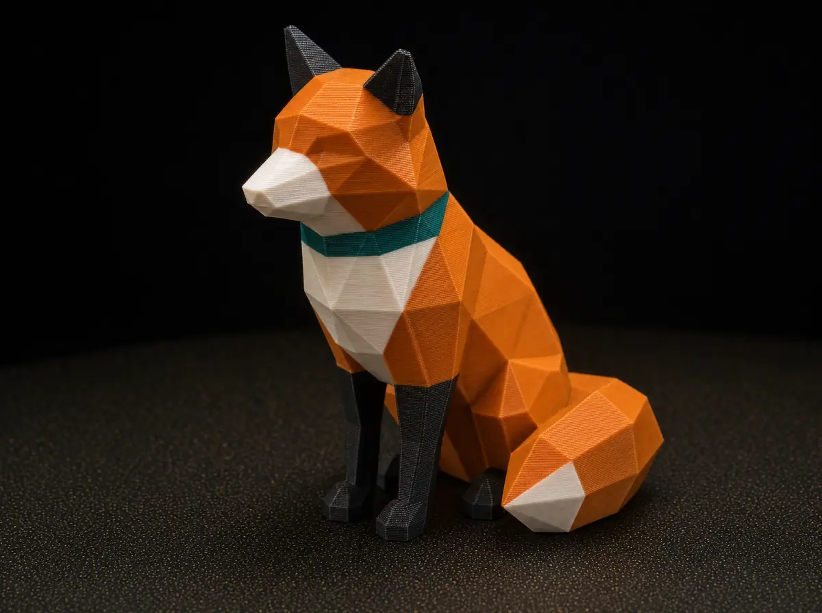 El mismo zorro impreso en cuatro colores de filamento: naranja, blanco, negro y verde azulado